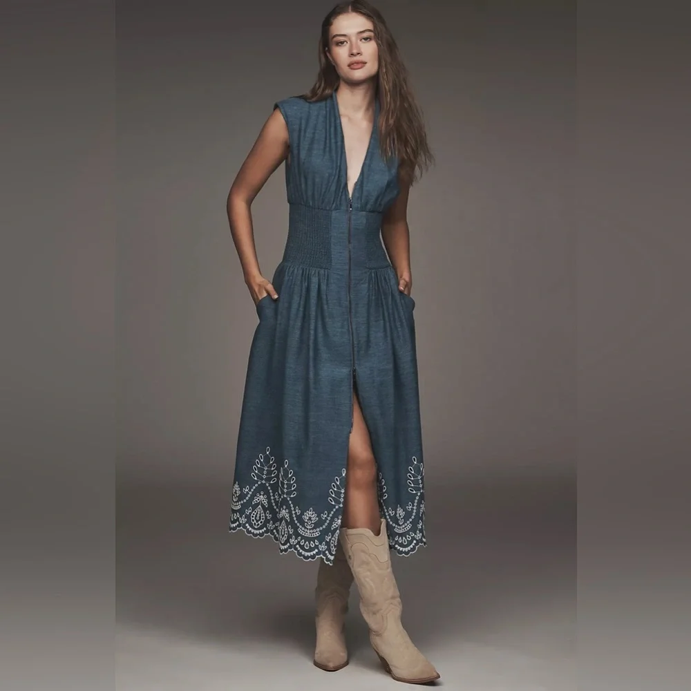 NWT! Anthropologie The Tommie Denim Eyelet Trim Dress - Size XS 5️⃣ - Picture 1 of 9